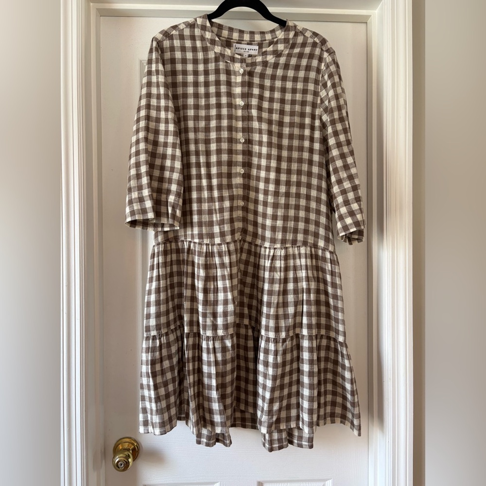 Apiece Apart Maurino Walnut Brown Gingham Drop Waist Dress XL - Picture 3 of 6